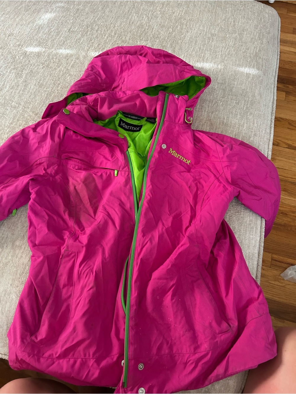 Marmot Bright Pink Hooded Raincoat with Lime Lining